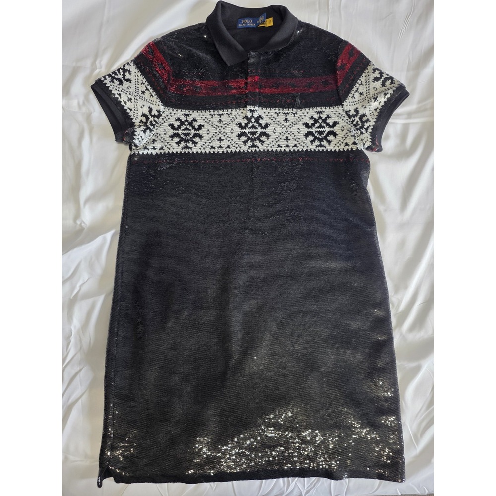 Polo Ralph Lauren Black Collared Short Sleeve Sequin Mini Dress Women's Medium